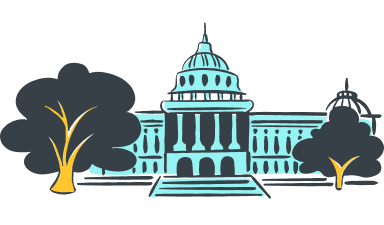 An artistic rendering of the U.S. Capitol building, depicted with a stylized, almost cartoonish aesthetic, stands against a stark black background. To the left, dark, billowy smoke or clouds are visible, with hints of yellow or orange suggesting fire or intense light within. The Capitol itself is rendered in shades of light blue and gray, with its iconic dome, columns, and facade clearly discernible. The overall impression is one of dramatic tension, possibly alluding to a historical event, a protest, or a symbolic representation of turmoil affecting the seat of American government.