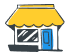 A stylized, cartoonish illustration of a small shop with a yellow awning, a large window, and a blue door, set against a black background.