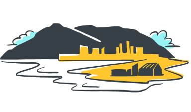 A stylized illustration depicts a city skyline bathed in a warm, golden light, set against a backdrop of dark, imposing mountains and a winding body of water. The minimalist design emphasizes the contrast between the urban landscape and the natural environment, with sharp, geometric shapes defining the buildings and softer, flowing lines representing the water.