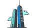 A futuristic skyscraper with a sleek, modern design, featuring illuminated blue and teal sections against a dark background.