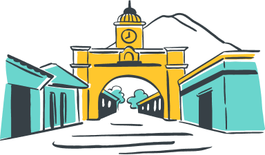 A stylized illustration depicts a prominent yellow archway with a clock tower, set against a dark background. The archway is the central focus, with hints of buildings lining a street leading towards it. In the distance, a silhouette of mountains is visible, adding depth to the scene. The overall aesthetic is simple and graphic, with bold outlines and flat colors.