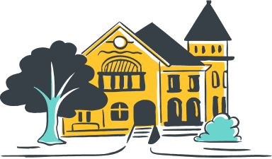 A stylized illustration depicts a yellow building with a dark roof and a prominent arched window on the upper floor. The building has a grand entrance with steps leading up to it, and is partially obscured by dark trees on the left and lighter foliage on the right. The overall aesthetic is reminiscent of a classic educational institution or a historical landmark.