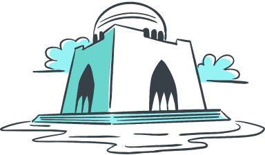 A stylized, dark illustration depicts a monolithic, fortress-like structure with a domed roof, illuminated by a pale, ethereal blue light that casts reflections on a dark, rippling surface below. The architecture features arched doorways and crenellated battlements, suggesting a sense of ancient mystery or imposing power against a stark black background.