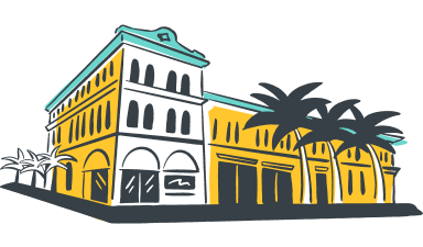 A stylized illustration depicts a row of buildings with a distinct architectural style, featuring yellow facades and dark gray accents, set against a black background. Palm tree silhouettes are visible on the right side, suggesting a warm, possibly tropical or coastal, location. The building on the left has a teal-colored roofline with decorative elements, while the other buildings have simpler, flat roofs. The overall aesthetic is graphic and modern, with bold lines and flat colors, evoking a sense of urban charm.