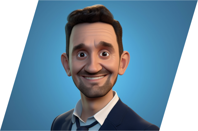A digitally rendered cartoon character with dark hair, a beard, and a wide smile, wearing a suit and tie against a blue background.