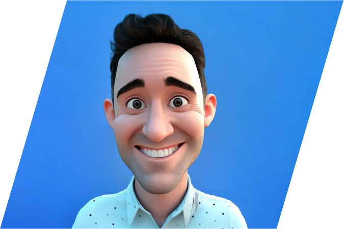 A close-up, stylized 3D cartoon rendering of a smiling man with dark hair, wide eyes, and a light blue collared shirt with a subtle pattern, set against a vibrant blue background.
