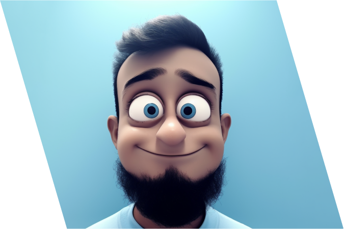 A close-up, 3D animated portrait of a man with a beard and blue eyes, set against a light blue background. The character has a friendly, slightly surprised expression, with wide eyes and a gentle smile. His dark hair is styled neatly, and he has a well-groomed beard.