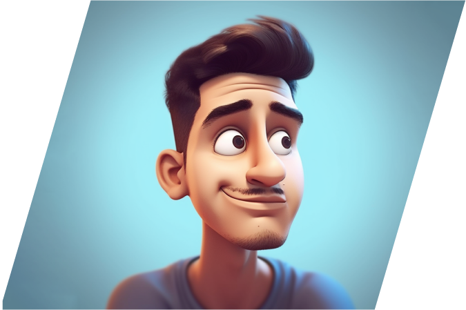A stylized 3D cartoon portrait of a man with dark hair, a prominent mustache, and a mischievous grin, set against a plain blue background.