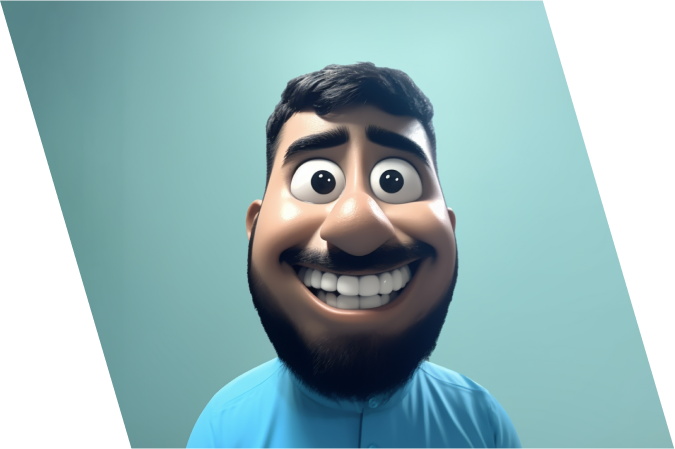 A 3D animated character with a large head, dark hair, a beard, and a wide, toothy grin, wearing a blue shirt, is shown against a plain teal background.