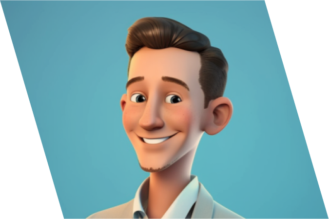 A 3D animated character with brown hair styled in a pompadour, a light stubble beard, and a friendly smile, wearing a white collared shirt and a light-colored blazer, is shown against a solid light blue background.