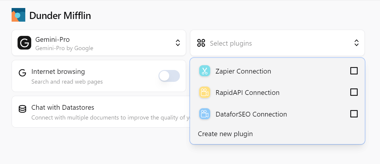A screenshot displays a user interface for selecting plugins, with options including "Zapier Connection," "RapidAPI Connection," and "DataforSEO Connection," along with a "Create new plugin" option. The interface also shows a toggle switch and text related to improving quality.