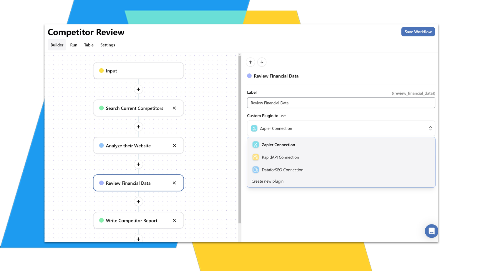 The image displays a user interface for a project management or workflow tool. On the left, a visual representation of a workflow is shown with steps like "Research Financial Data," "Analyze Competitor," "Reduce Debt," and "Choose Financial Data." On the right, a detailed view of a selected task, "Review Financial Data," is presented, including options for labels, subtasks, and connected items. The overall design suggests a clean and organized interface for managing complex processes.