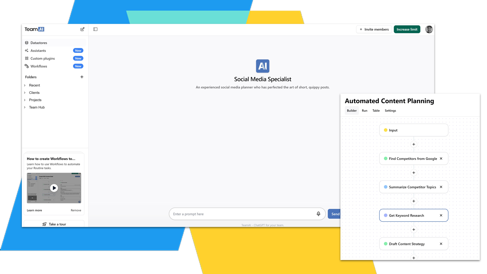 A clean and modern user interface for an AI-powered social media specialist tool is displayed, featuring a prominent AI logo and a search bar for inputting commands or queries. The interface is minimalist, with a white background and subtle blue and yellow accents, suggesting a focus on efficiency and ease of use. To the right, a sidebar shows options for automated tasks, hinting at the tool's capabilities in streamlining social media management.