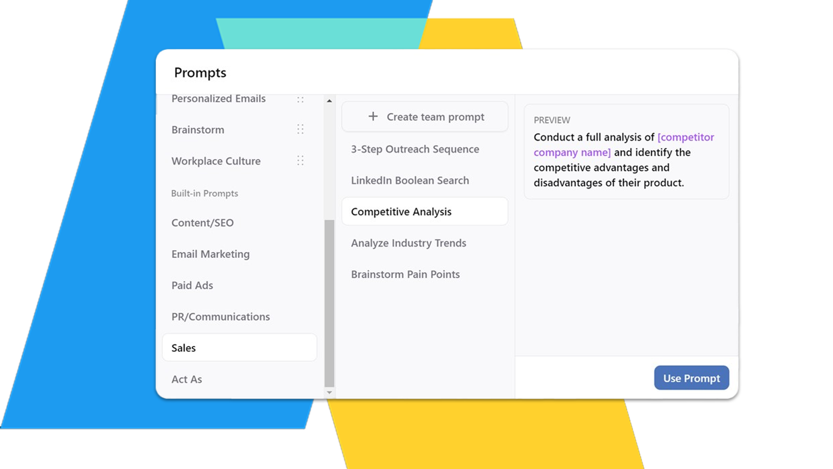 A screenshot displays a digital interface, likely a content creation or AI-powered tool, with a sidebar listing various prompt categories such as 'Personalized Emails,' 'Workplace Culture,' and 'Email Marketing.' The main section highlights a 'Competitive Analysis' prompt, suggesting the tool assists users in generating business-related content and analysis.