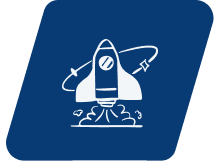 A stylized, hand-drawn illustration of a rocket launching into space, depicted with flames and smoke emanating from its base, and a circular orbit path around it. The overall aesthetic is simple and modern, set against a deep blue background.