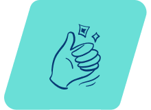 A simple, stylized illustration of a hand clapping, with small diamond shapes indicating sound or applause, set against a solid teal background.