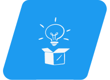 A minimalist illustration depicts a lightbulb with radiating lines, symbolizing an idea, emerging from an open cardboard box, representing innovation and thinking outside the box. The background is a solid, vibrant blue.