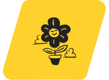 A cheerful, cartoon-style flower with a smiling face blooms in a pot, set against a vibrant yellow background with stylized clouds.