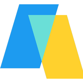 A minimalist logo featuring two overlapping trapezoids, one blue and one teal, intersecting with a yellow trapezoid on a black background. The overlapping areas create a sense of depth and connection.