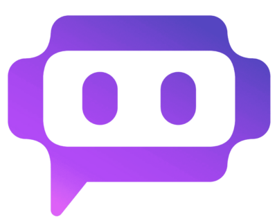 A minimalist logo featuring a stylized chat bubble with a simple, friendly robot face inside. The design uses a gradient of purple to pink, set against a black background, evoking a modern and digital aesthetic.