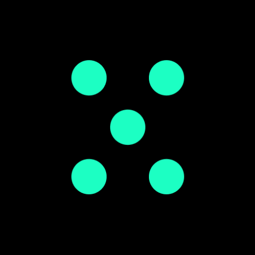 A minimalist graphic features five bright teal circles arranged in a '5' pattern against a stark black background. The circles are evenly spaced, with one in the center and four surrounding it, creating a visually balanced and abstract composition.