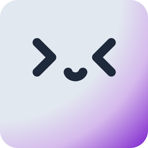 A simple, minimalist icon featuring a cute, smiling face with closed eyes, set against a soft gradient background that transitions from light gray to purple.