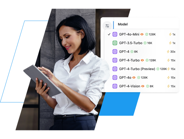 A woman in a white collared shirt and dark pants is looking down at a tablet she is holding, with a smile on her face. To her right, a digital interface displays a list of AI models, including GPT-4 variants, with checkboxes and performance metrics.