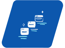 A minimalist illustration depicts three stylized browser windows arranged in a diagonal line, ascending from left to right, against a vibrant blue background. Each window is outlined in white and features a simple horizontal line representing content, with subtle sparkles or glints suggesting progress or newness. The overall aesthetic is clean and modern, evoking themes of digital interfaces, web development, or online progression.