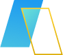 A minimalist graphic features two overlapping parallelograms against a black background. The left parallelogram is a solid gradient of blue, transitioning from a lighter shade at the top to a darker shade at the bottom. The right parallelogram is outlined in a thin yellow line and appears to be filled with a gradient of turquoise and black, with the turquoise concentrated towards the top left and fading into black towards the bottom right.