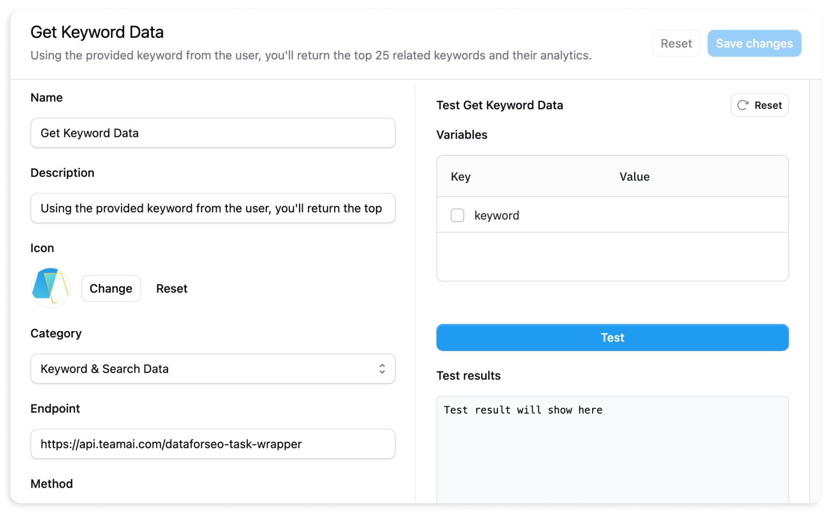 This image shows a user interface for a web scraping tool, likely for SEO purposes. The left side displays input fields for a keyword and other parameters, while the right side shows a section for testing and displaying results for a 'Get Keyword Data' function. The interface suggests a workflow where users input keywords to retrieve related data and analytics.