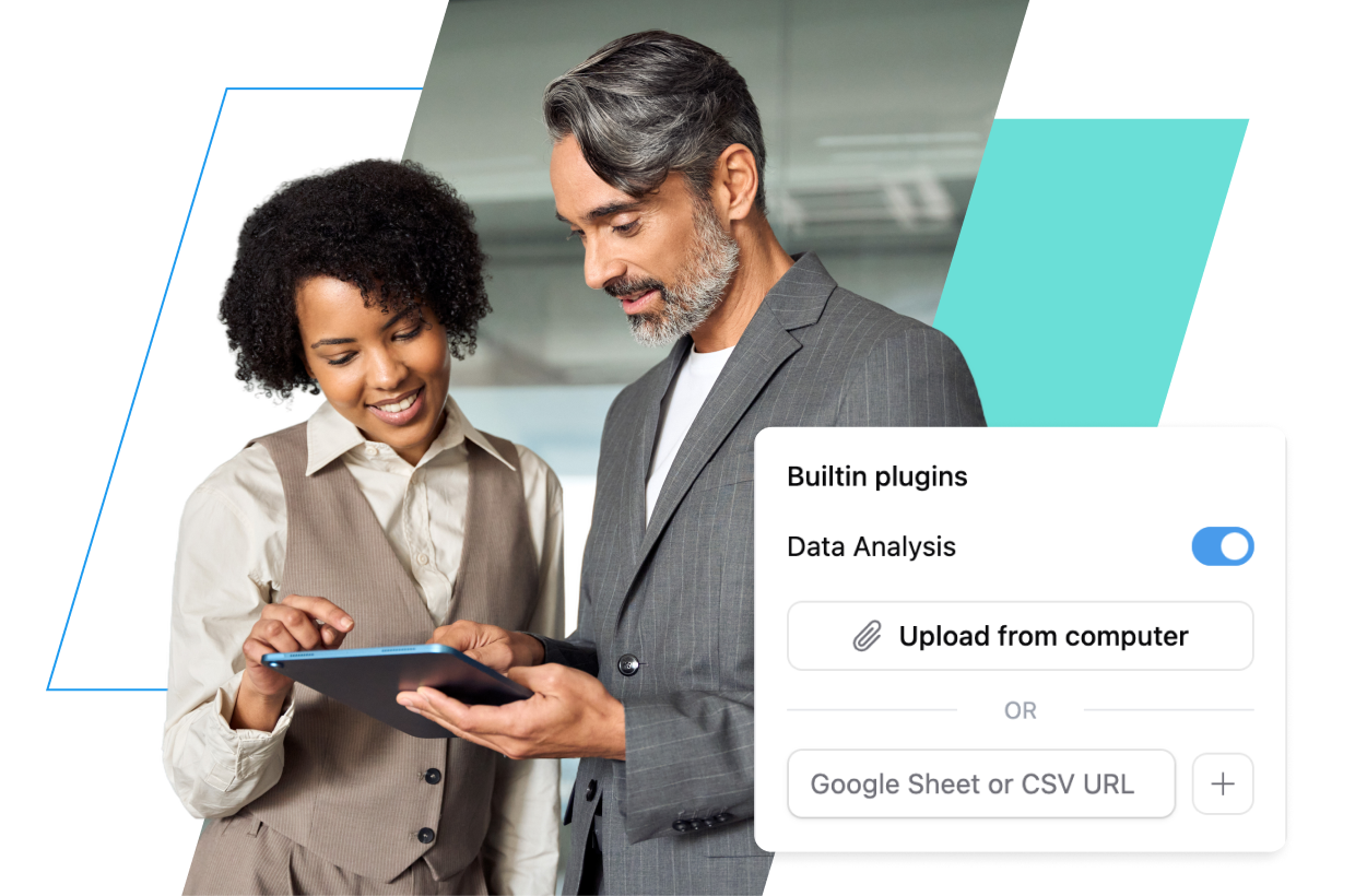 A man and a woman in business attire are looking at a tablet, possibly discussing data analysis or a presentation. The woman is pointing at the screen, and the man is leaning in to see. A small overlay on the right side of the image shows options like 'Built-in plugins' and 'Data Analysis', suggesting a business or technology context.