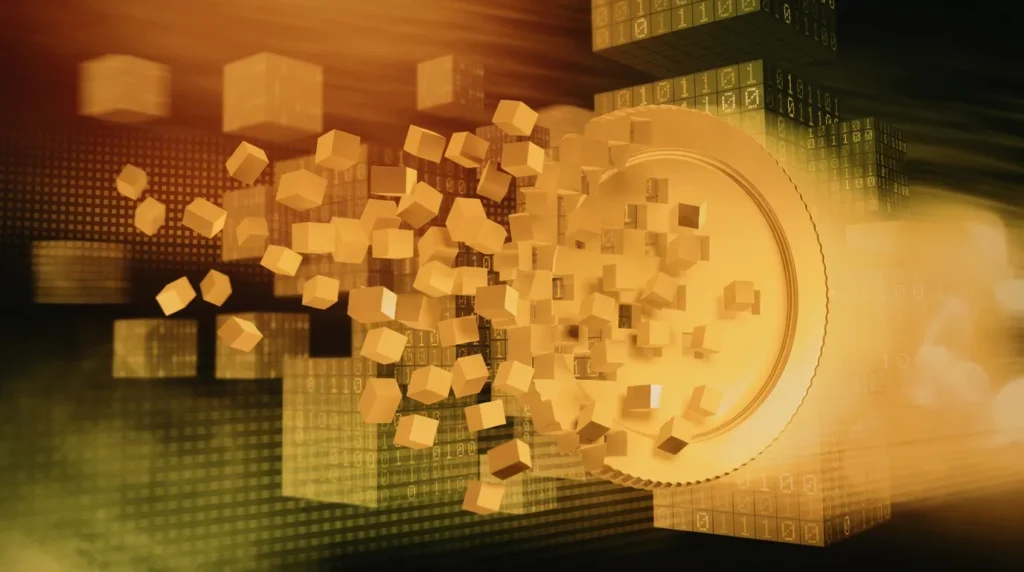 A digital representation of a golden coin is shown, with its surface dissolving into a swarm of small, golden cubes. In the background, a grid of binary code is visible, suggesting a connection to cryptocurrency or digital finance. The overall aesthetic is futuristic and abstract, with warm, glowing tones.