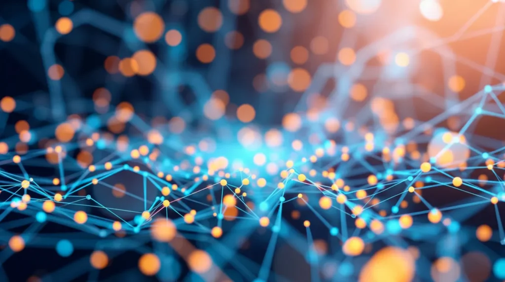 A digital network of glowing blue lines connecting orange and blue nodes, with a bright blue light emanating from the center, creating a sense of data flow and connectivity.