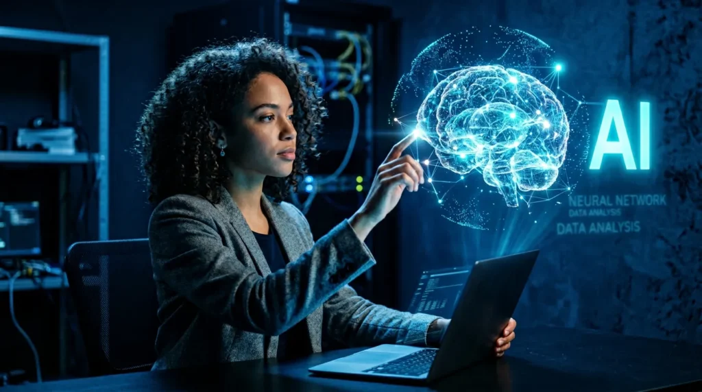 A woman in a grey blazer is interacting with a holographic projection of a human brain, symbolizing artificial intelligence and data analysis. The background features server racks and a laptop, suggesting a technological or data center environment.