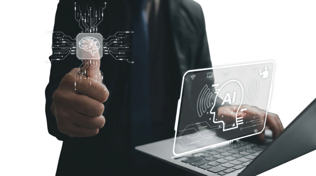 A person in a suit gives a thumbs up while interacting with a holographic display of a brain and circuit board, with a laptop in front of them showing an AI interface. This image symbolizes the integration of artificial intelligence into business and technology.