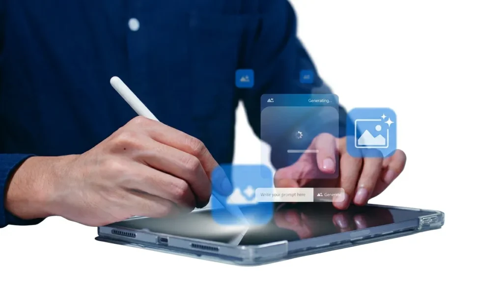 A person is using a stylus on a tablet, interacting with a digital interface that shows an image generation process with a progress bar and a "Generating..." status. The interface also displays icons related to images and editing, suggesting the use of AI for creative content creation.