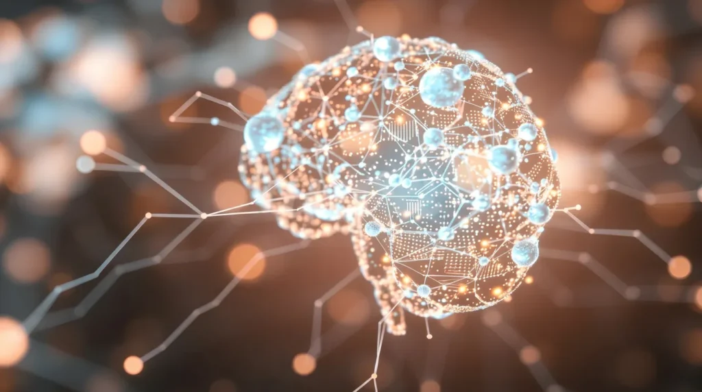 A stylized, glowing representation of a human brain, composed of interconnected nodes and lines, suggesting a network of thoughts, data, or neural pathways. The background is softly blurred with bokeh lights in warm orange and cool blue tones, creating a futuristic and abstract aesthetic.