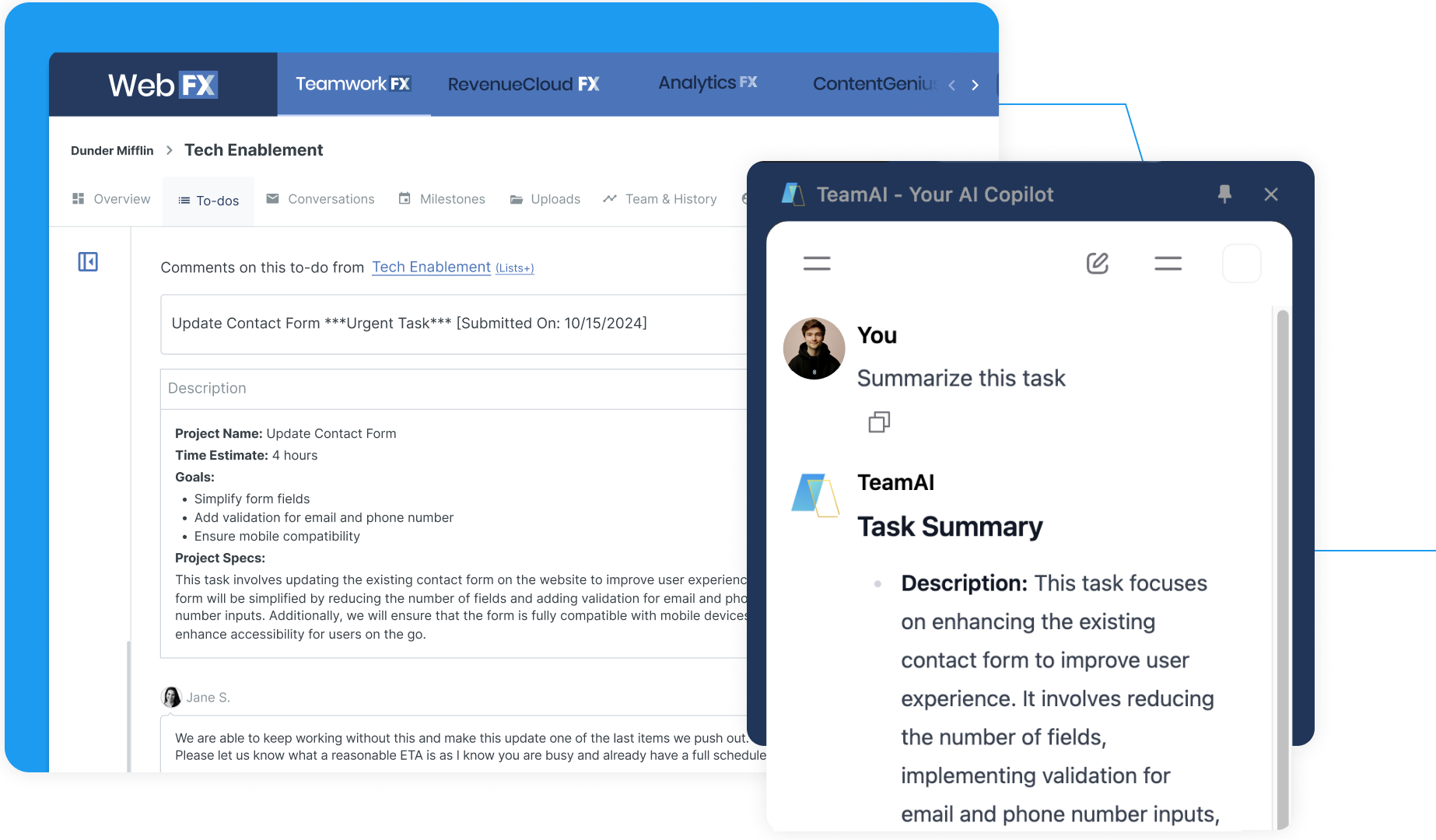 The image displays a user interacting with an AI assistant named TeamAI, which is summarizing a task. The AI's response, "Task Summary," is visible, along with a description detailing the task's focus on enhancing an existing contact form to improve user experience by implementing validation for email and phone numbers. This suggests a workflow where AI assists in understanding and processing task details.