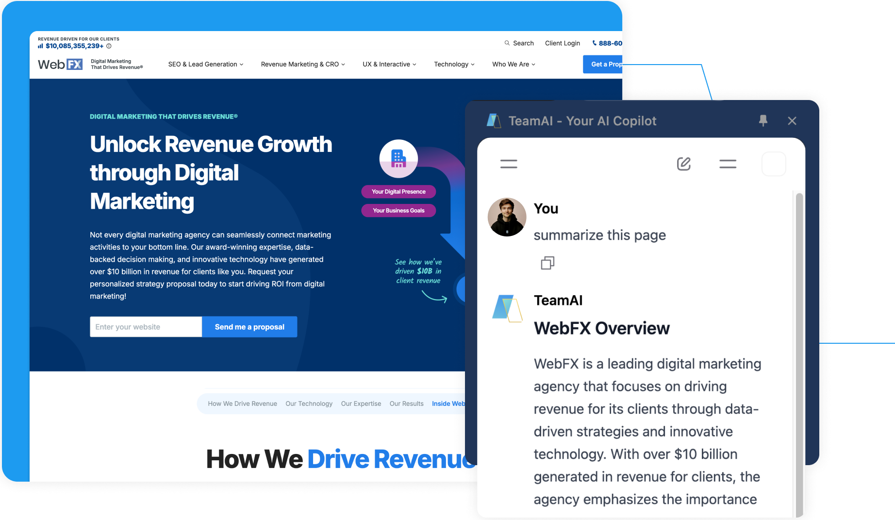 A digital marketing agency's website is shown, focusing on revenue growth through digital strategies. A chatbot interface is overlaid, summarizing the agency's services as "WebFX Overview," highlighting their expertise in driving revenue for clients with data-driven strategies and innovative technology.