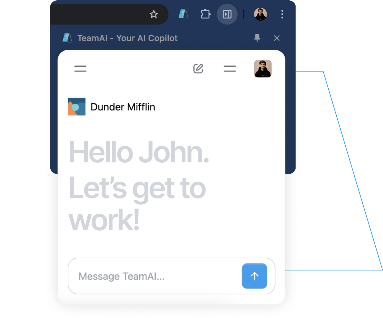 A screenshot shows a chat interface with the Dunder Mifflin logo and a message that reads "Hello John. Let's get to work!". The chat window appears to be part of a larger application or website, possibly a productivity tool or a company intranet.