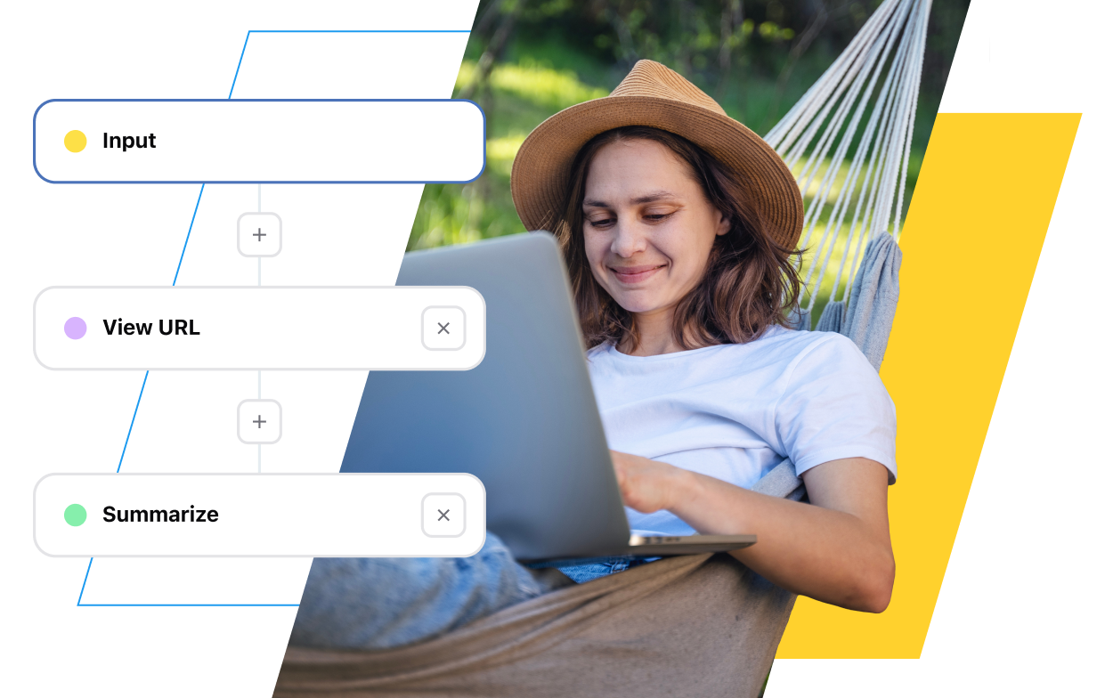 Screenshot of a TeamAI workflow illustrating the defined steps and process flow for a comprehensive task. In the background, a person smiling and relaxed in a hammock symbolizes the ease of use and significant work facilitation provided by the TeamAI tool.