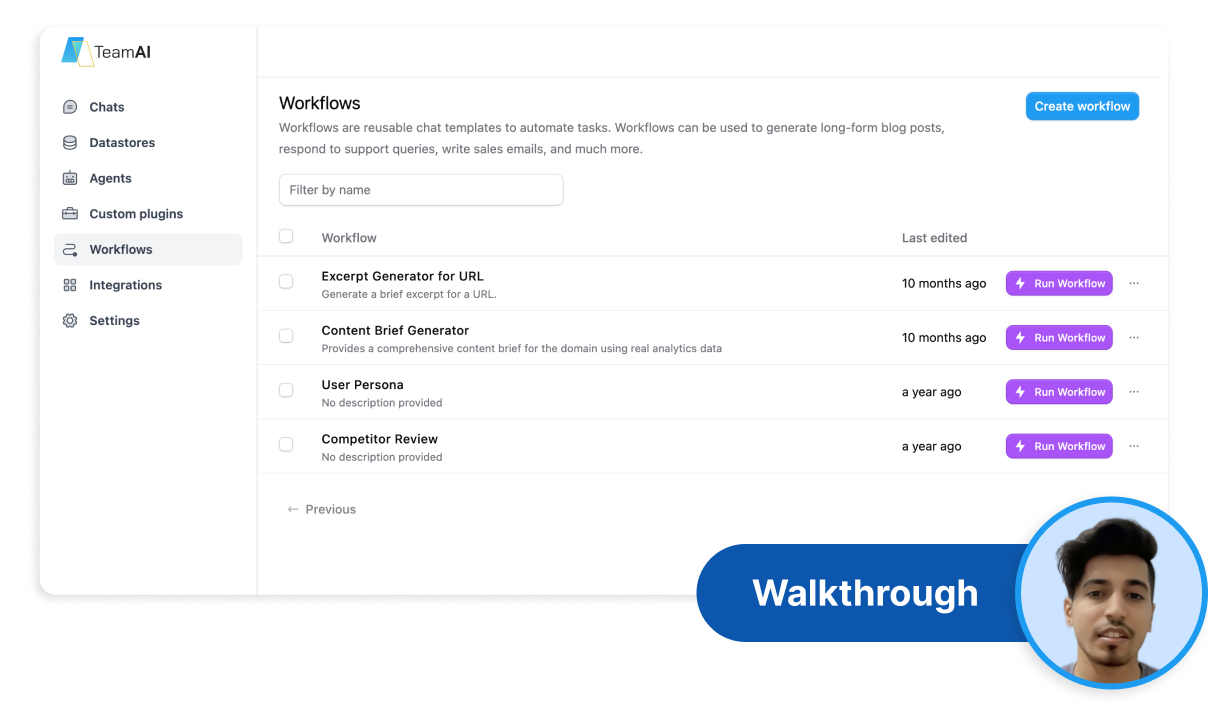 Screenshot of the TeamAI workflows screen, displaying a list of all available workflows.