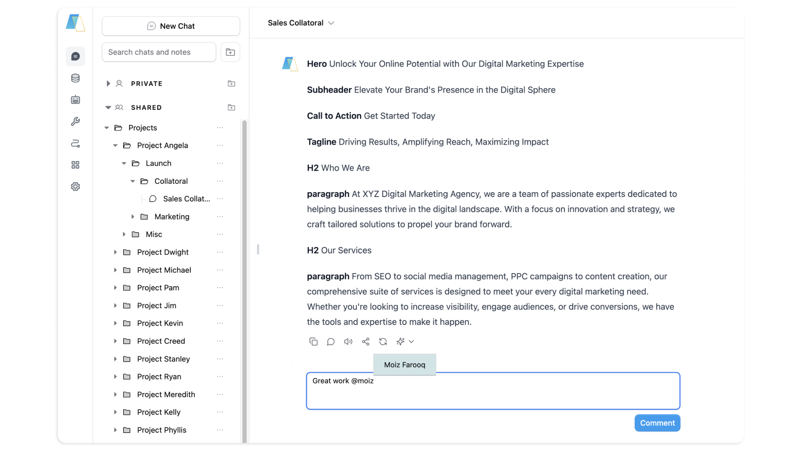TeamAI Collaborative AI Workspace - Tagging a user in a comment on an AI Chat.