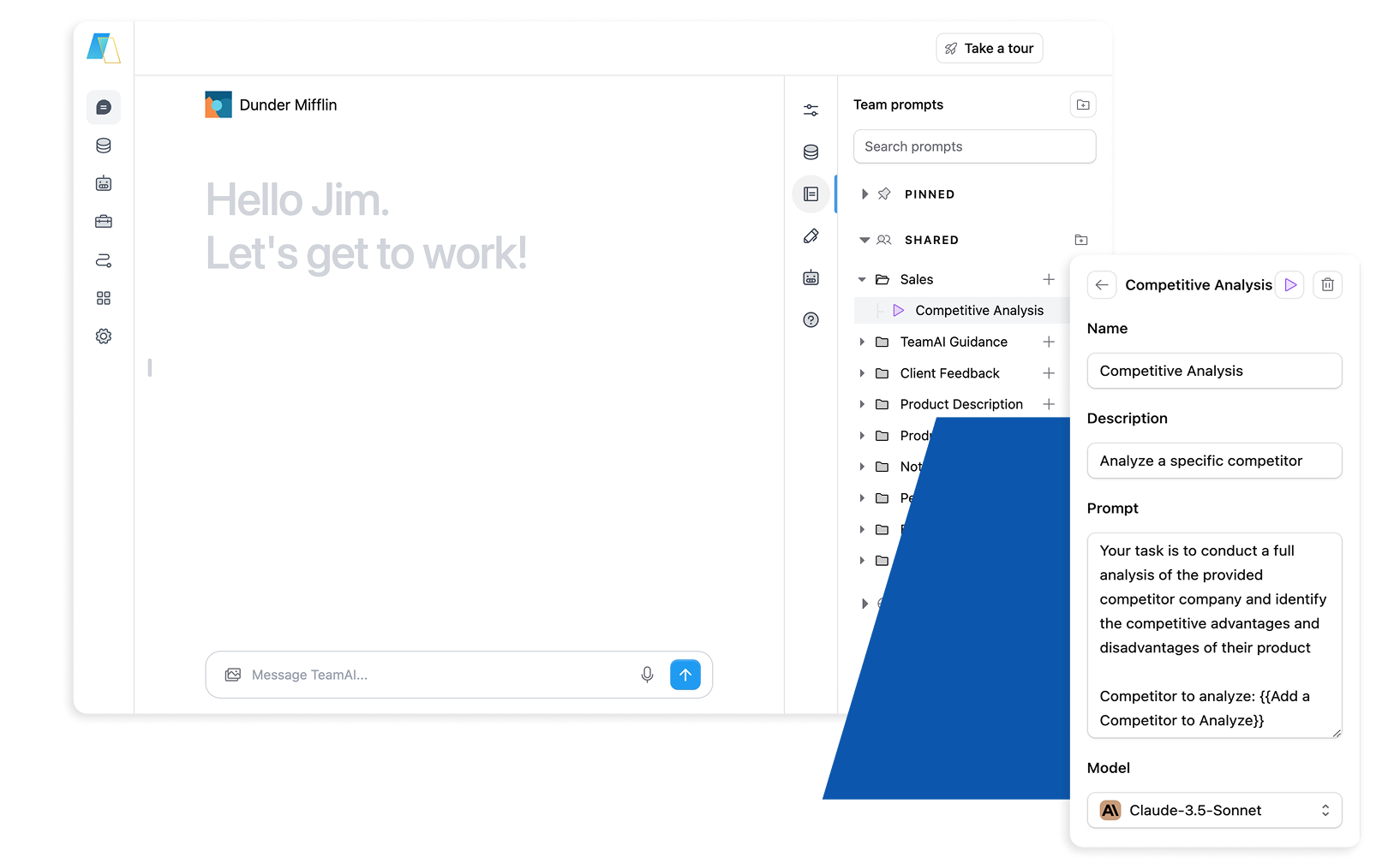 Screenshot of the TeamAI Prompt Library, displaying an available prompt and the llm