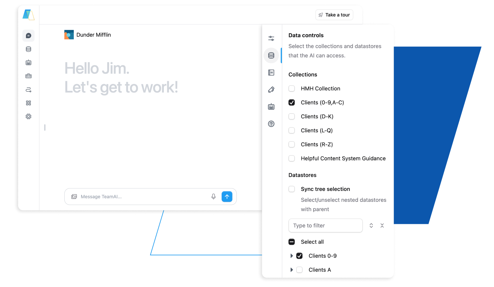 Screenshot of the TeamAI data control sidebar, displaying available datastores and allowing selection for use with chats, tools, or agents.