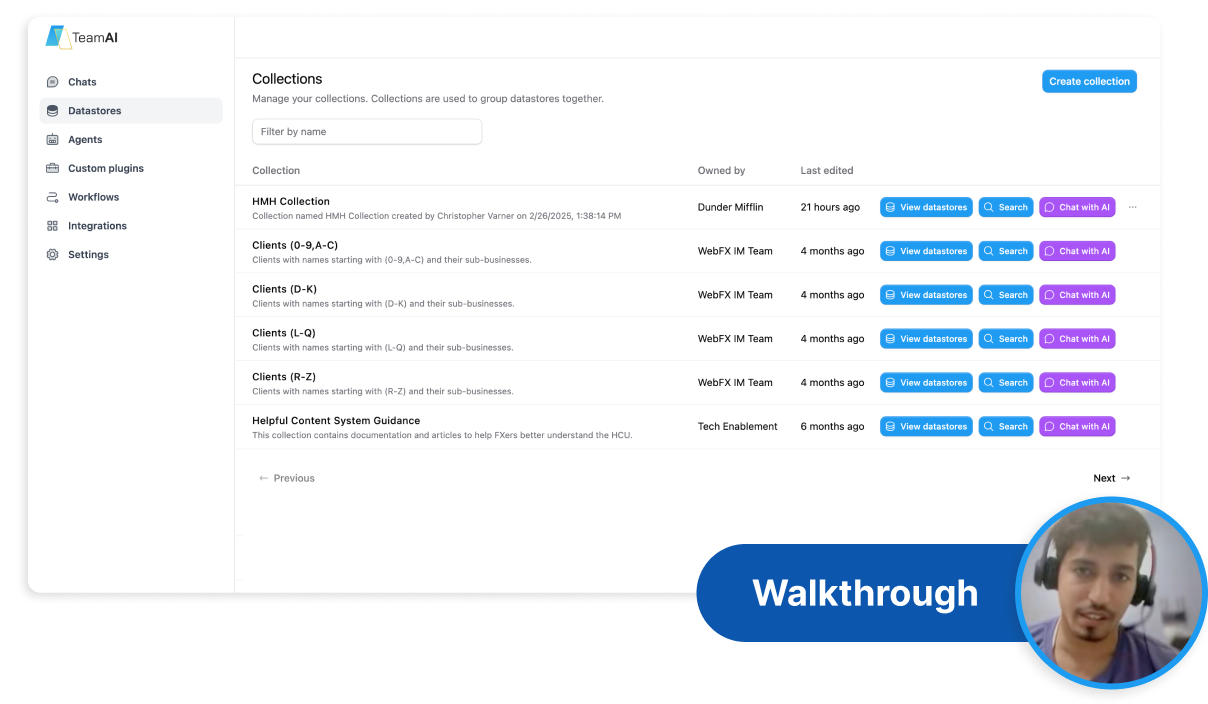 Screenshot of TeamAI's Datastores feature, displaying a list of client collections.