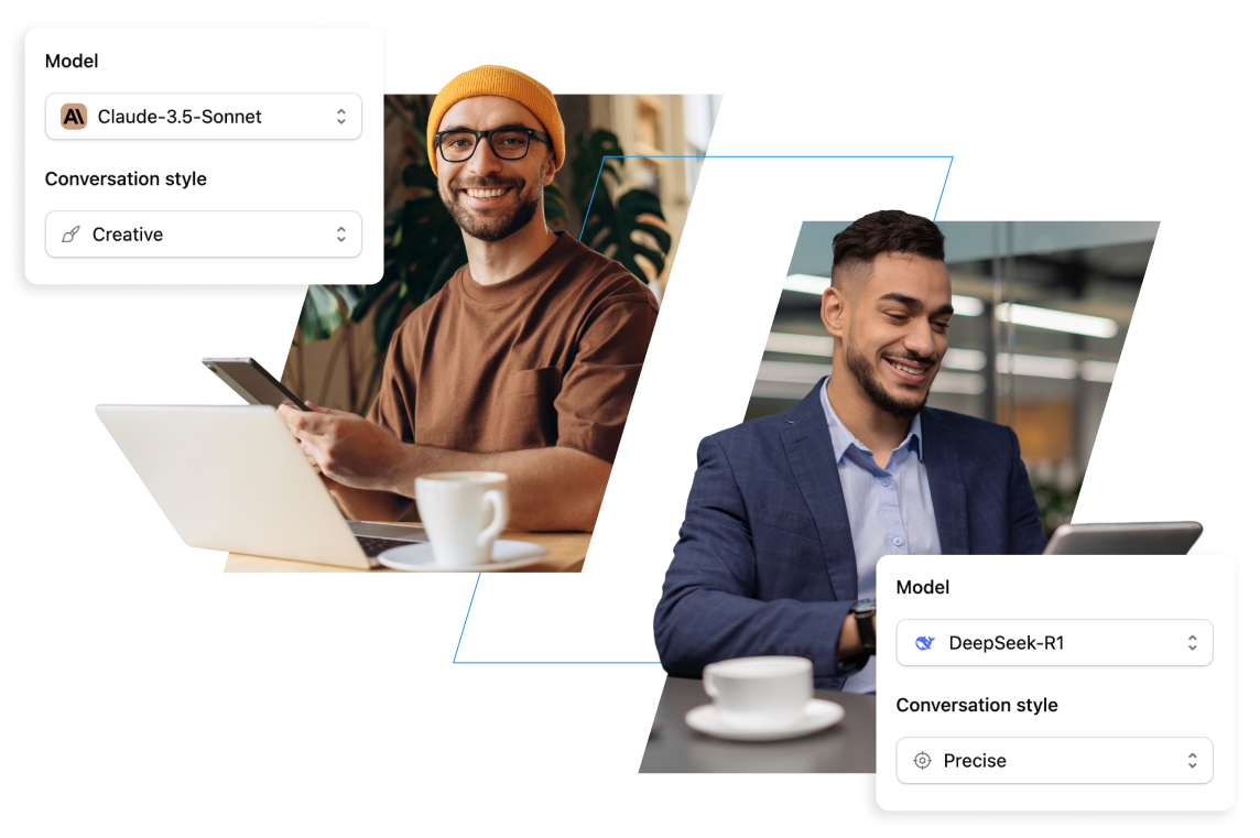 Two smiling men are shown in a split-screen image, one in a casual setting with a laptop and coffee, the other in a business suit at a table. Both appear engaged and happy, suggesting a positive interaction or collaboration, possibly in a remote work or business context.