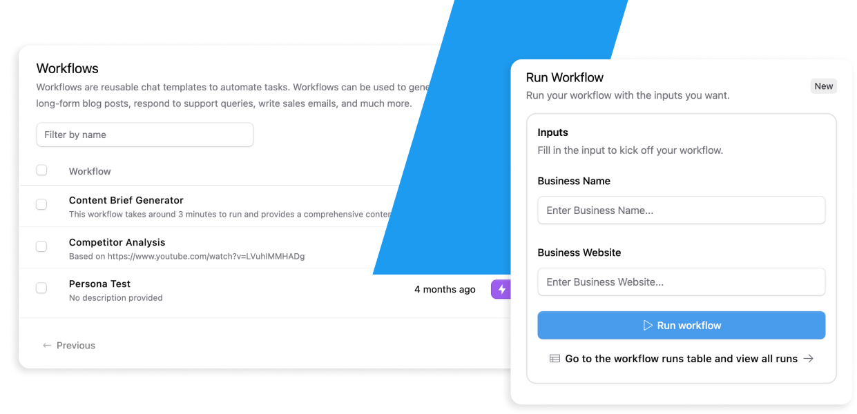 Screenshot of a TeamAI workflow execution, demonstrating how customizable workflows can run with specific inputs like 'business name' and 'business website'. The workflow is designed to integrate with data collections, as indicated by a partial view of a data collection screenshot visible in the background.