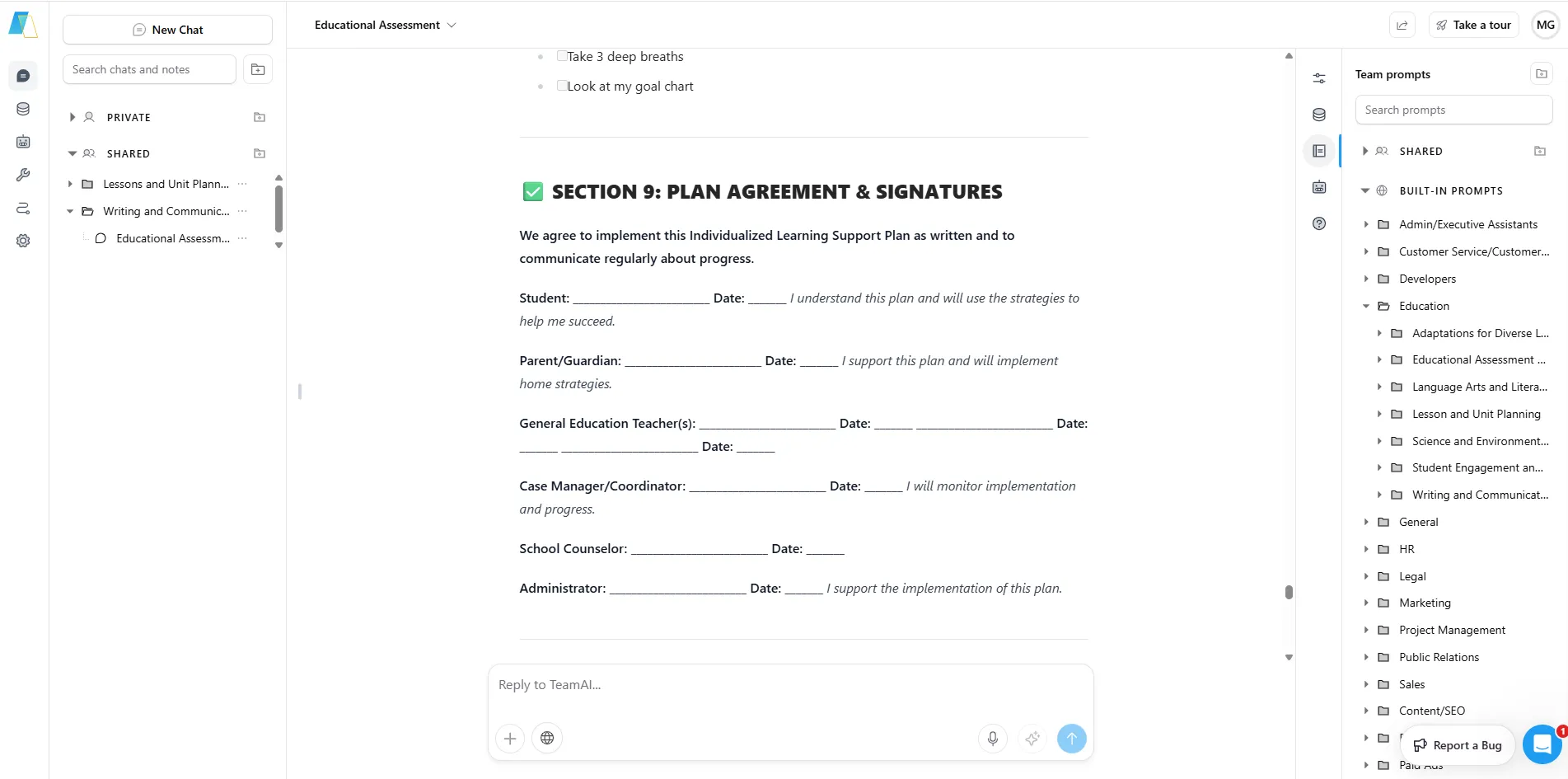 Screenshot of TeamAI displaying a plan agreement for individualized learning support, ready for signature. The content and displayed student/institution details originate from the datastores, which are accessible from the right-hand menu.