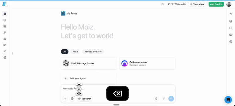 Screenshot showing TeamAI's new, streamlined command menu user interface. This UI provides immediate access to quick actions and features, enhancing user efficiency through simple keystroke commands.
